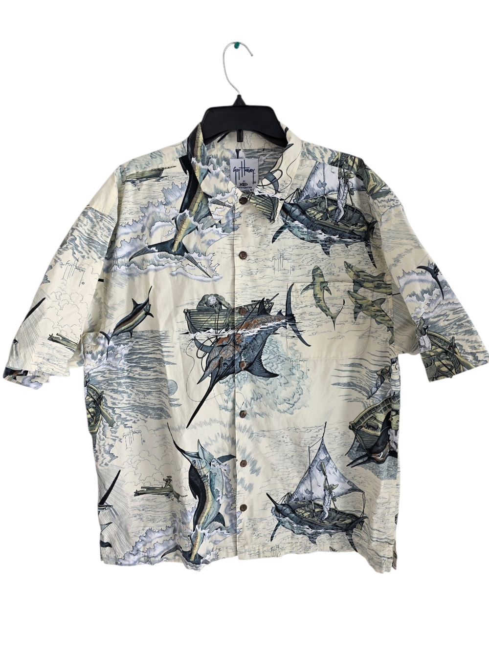 Guy Harvey Aftco Blue Water Men's Short Sleeve Button Down Casual Shirt Size XL